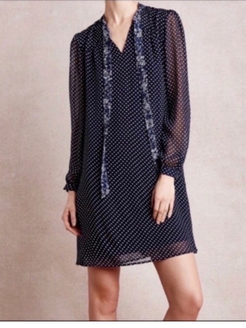 Anthropologie 11 1 TYLHO Acadie Navy Polka Dot Mini Dress with Tie Neck